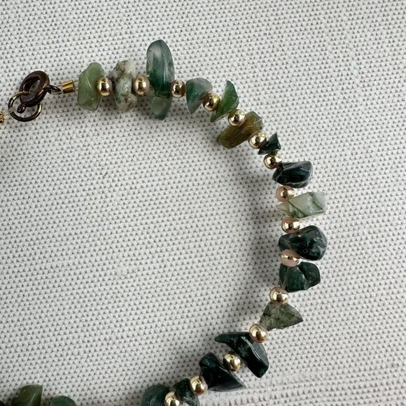 Moss Agate Gemstone Bracelet 8" With Gold-Tone Beads & Spring Ring Clasp - Picture 3 of 9